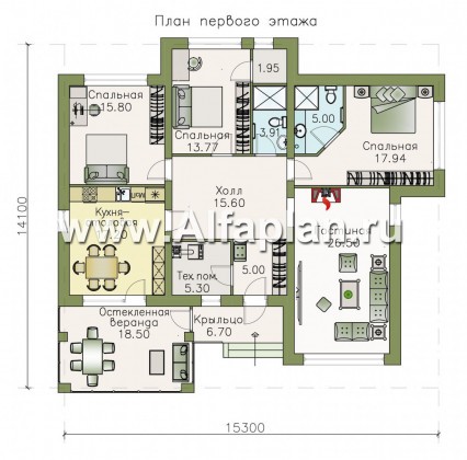 «Аонида» - проект одноэтажного дома, с остекленной верандой, в современном стиле - превью план дома