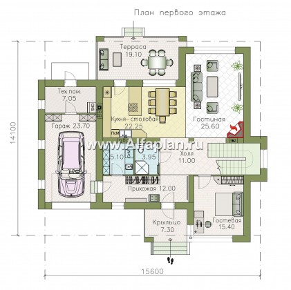 «Формула успеха» - красивый проект двухэтажного дома, из газобетона, с угловыми окнами, с гаражом - превью план дома