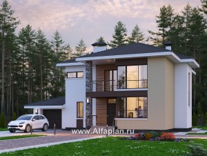 «Формула успеха» - красивый проект двухэтажного дома, из газобетона, с угловыми окнами, с гаражом