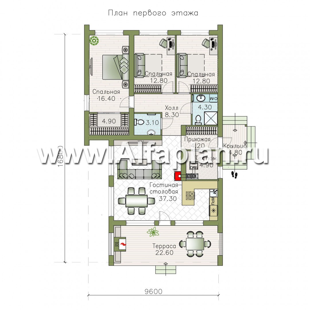 «Каппа» -  проект одноэтажного дома, с террасой, в стиле барн, 3 спальни увеличены - план дома
