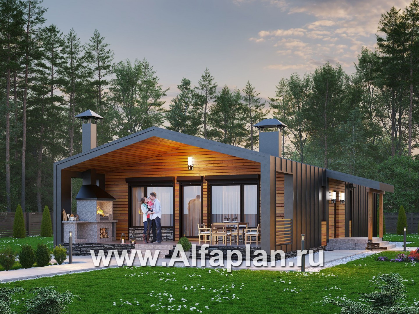 «Каппа» -  проект одноэтажного дома, с террасой, в стиле барн, 3 спальни увеличены - основное изображение