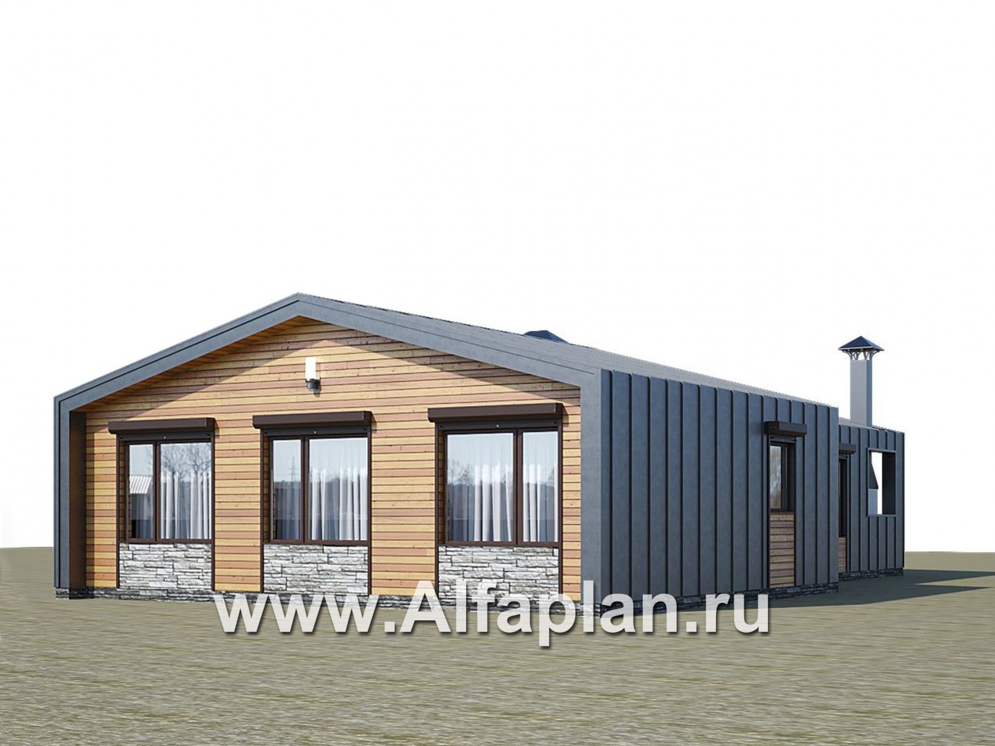 «Каппа» -  проект одноэтажного дома, с террасой, в стиле барн, 3 спальни увеличены - дизайн дома №1