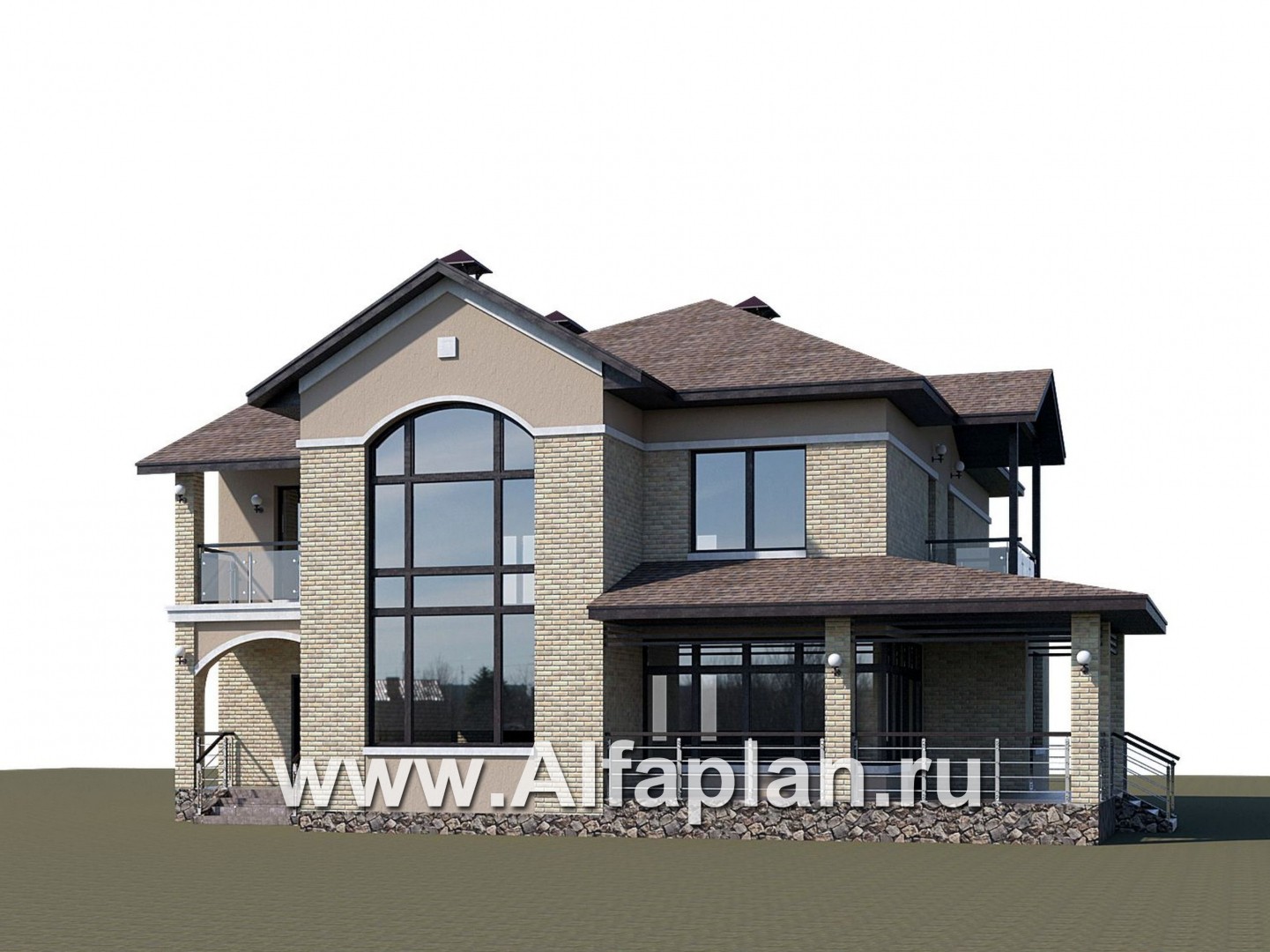 «Голицын» — проект двухэтажного дома из газобетона, с двусветной гостиной, с террасой со стороны входа - дизайн дома №1