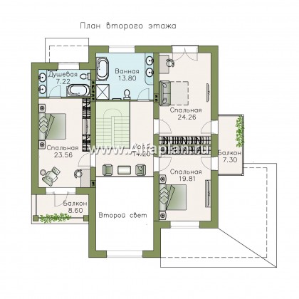 «Голицын» — проект двухэтажного дома из газобетона, с двусветной гостиной, с террасой со стороны входа - превью план дома