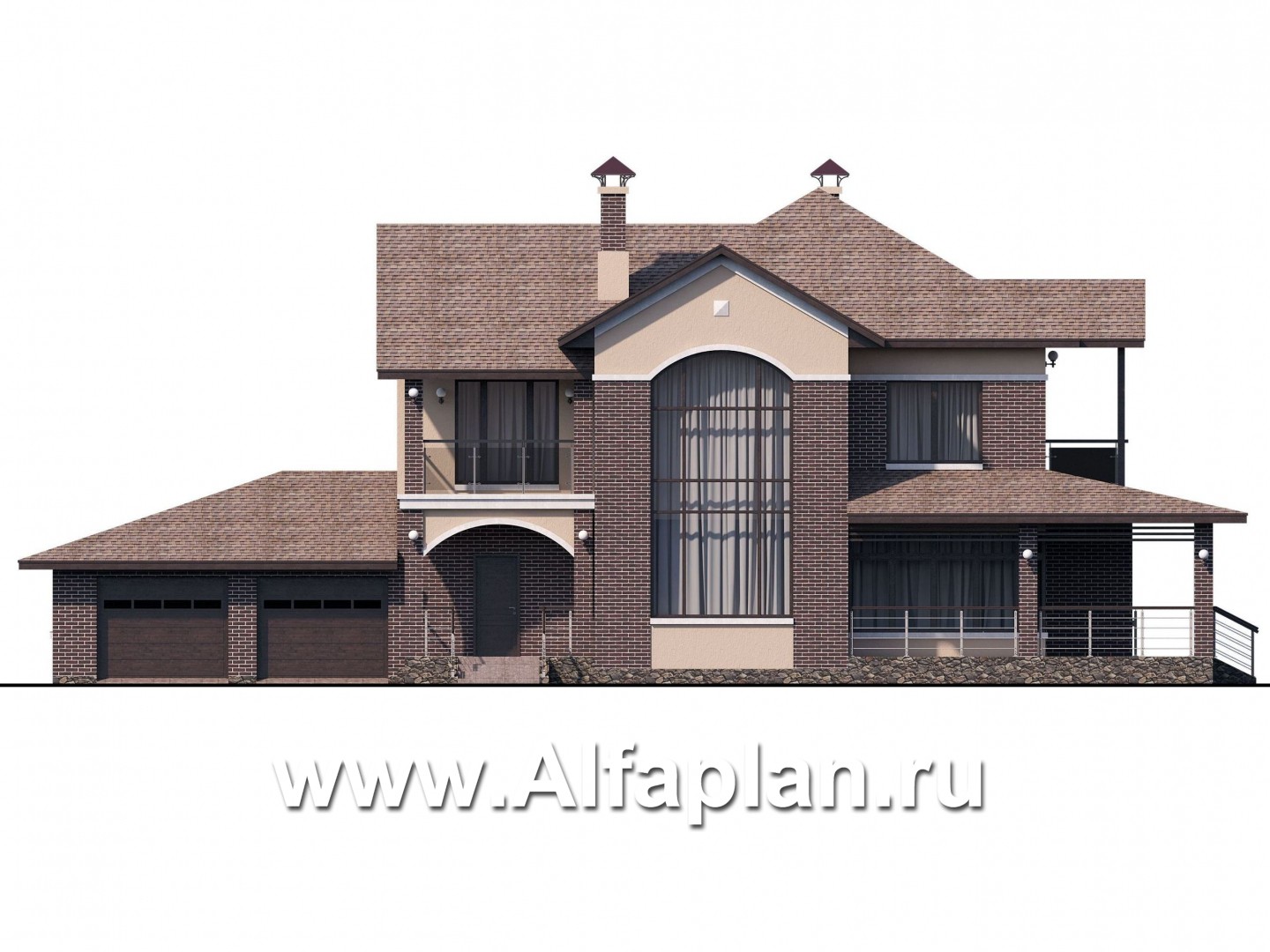 «Голицын» — проект двухэтажного дома из газобетона, с двусветной гостиной, с террасой, с гаражом на 2 авто - фасад дома