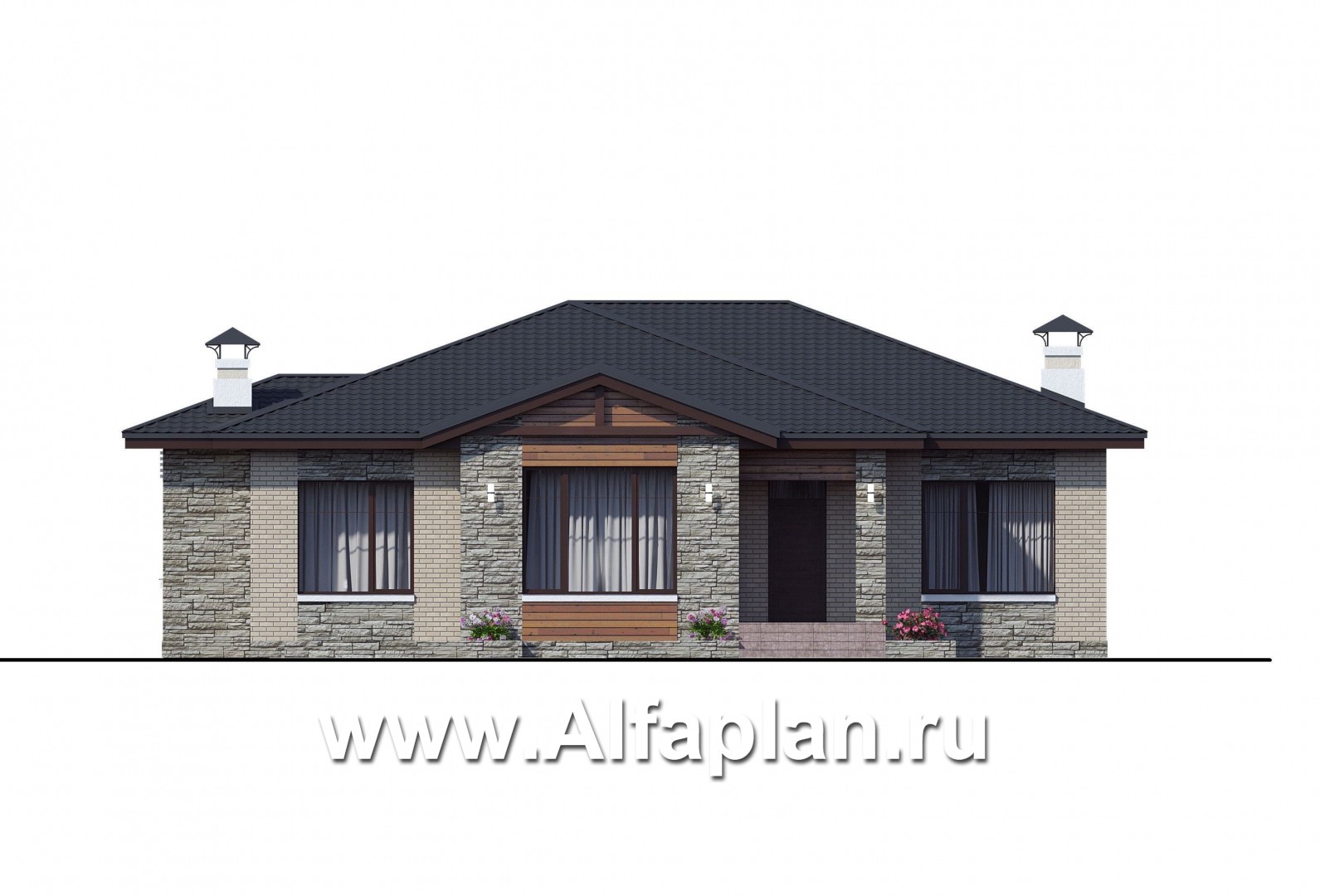 «Калипсо» - проект одноэтажного дома, 4 спальни, c террасой,фасады из кирпича и камня  в современном стиле - фасад дома