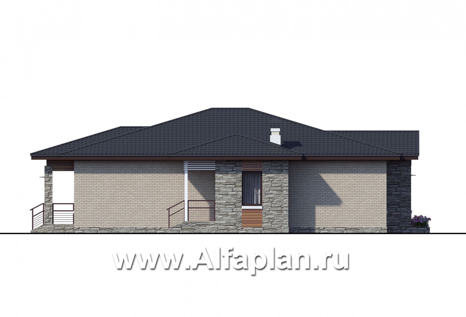 «Калипсо» - проект одноэтажного дома, 4 спальни, c террасой,фасады из кирпича и камня  в современном стиле - фасад дома
