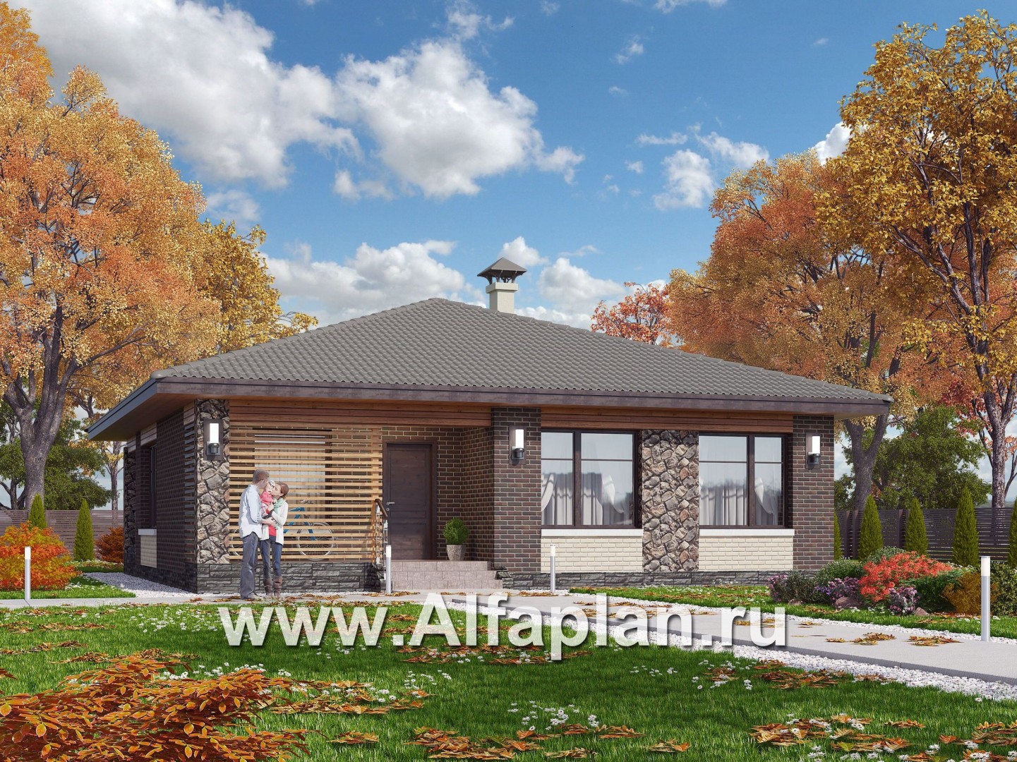 «Волхов» - проект одноэтажного дома из кирпича, 3 спальни, планировка дома с террасой - основное изображение