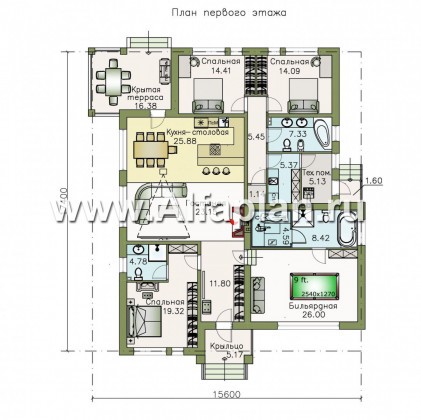 «Днестр» - проект одноэтажного дома, планировка 3 спальни, с бильярдной и сауной - превью план дома