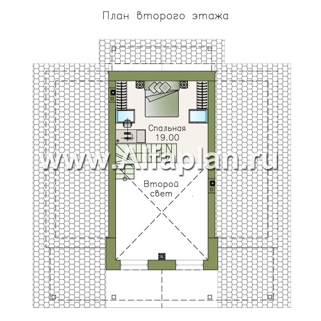 «Моризо» - проект дома с мансардой, планировка с двусветной гостиной и сауной, шале с двускатной крышей - план дома