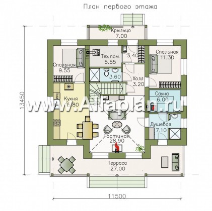 «Моризо» - проект дома с мансардой, планировка с двусветной гостиной и сауной, шале с двускатной крышей - превью план дома