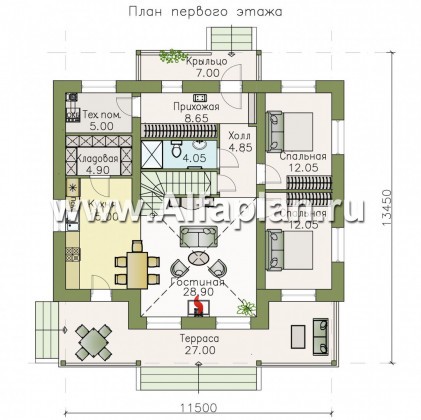 «Моризо» - проект дома с мансардой, планировка с двусветной гостиной и 2 спальни на 1 эт, шале с двускатной крышей - превью план дома
