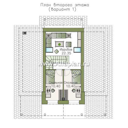 «Моризо» - проект дома с мансардой, планировка 2 спальни на 1 эт и вторая гостиная на 2 эт, шале с двускатной крышей - превью план дома