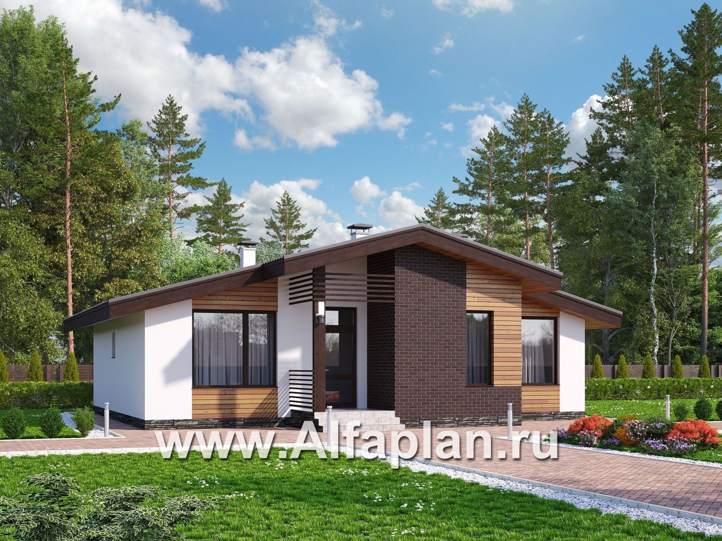 «Альфа» - проект одноэтажного дома, с сауной и с террасой в скандинавском стиле - основное изображение
