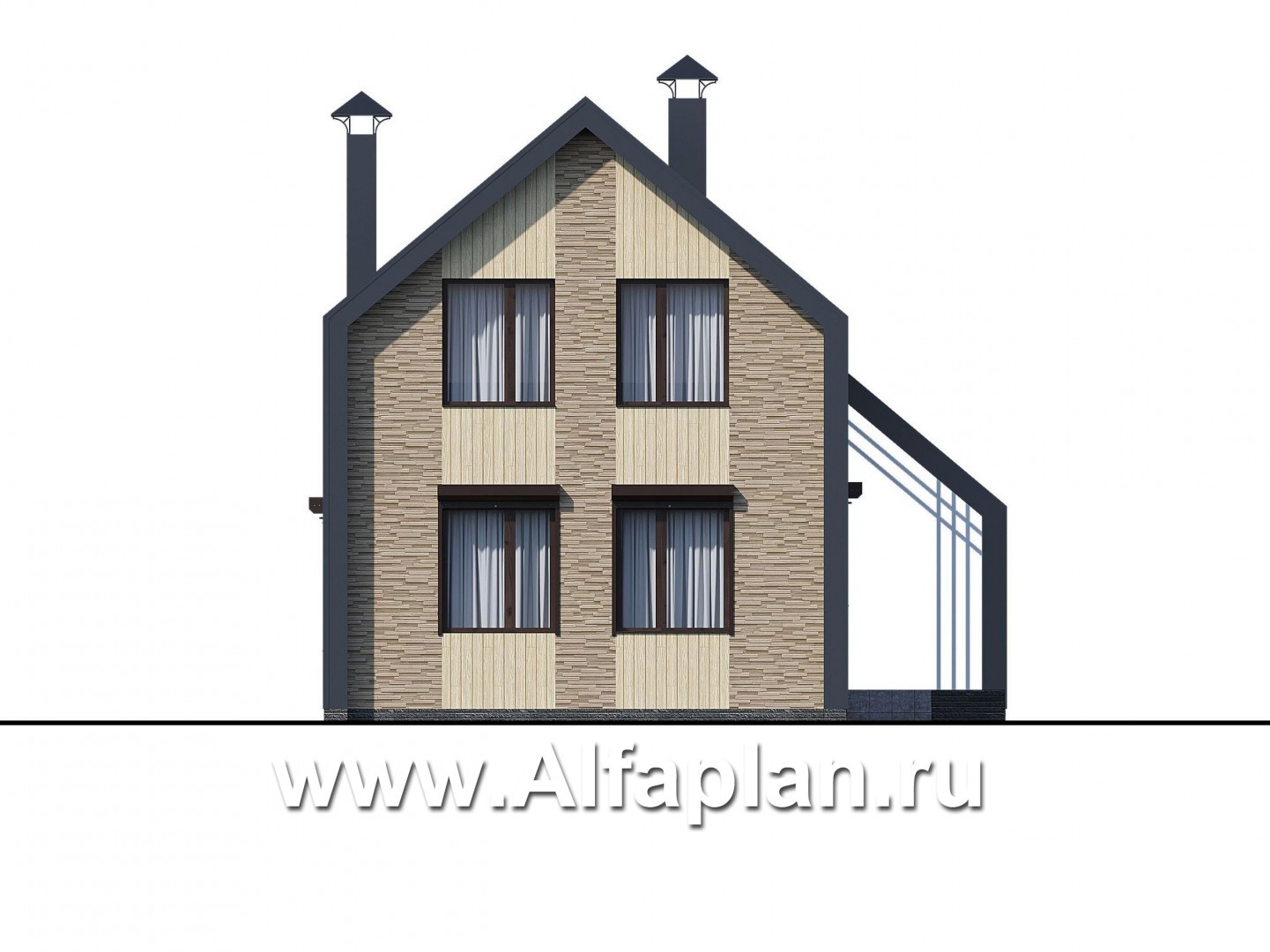 «Омега» - проект двухэтажного каркасного коттеджа, с террасой и барбекю, план дома с 5-ю спальнями - фасад дома