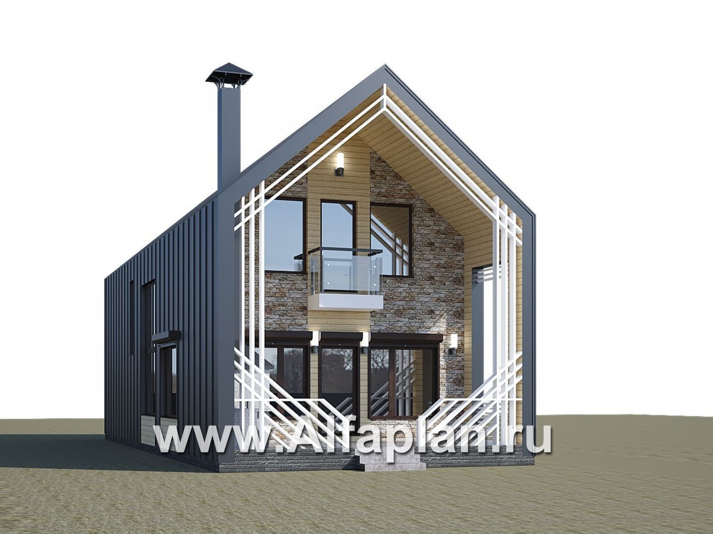 «Омега» - проект двухэтажного каркасного коттеджа, с террасой и барбекю, план дома с 5-ю спальнями - дизайн дома №1
