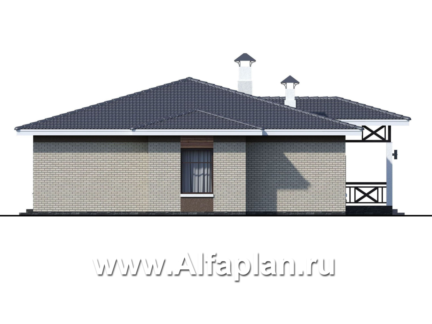 «Покровка» - красивый дом, проект одноэтажного коттеджа из газобетона, мастер спальня, с террасой - фасад дома