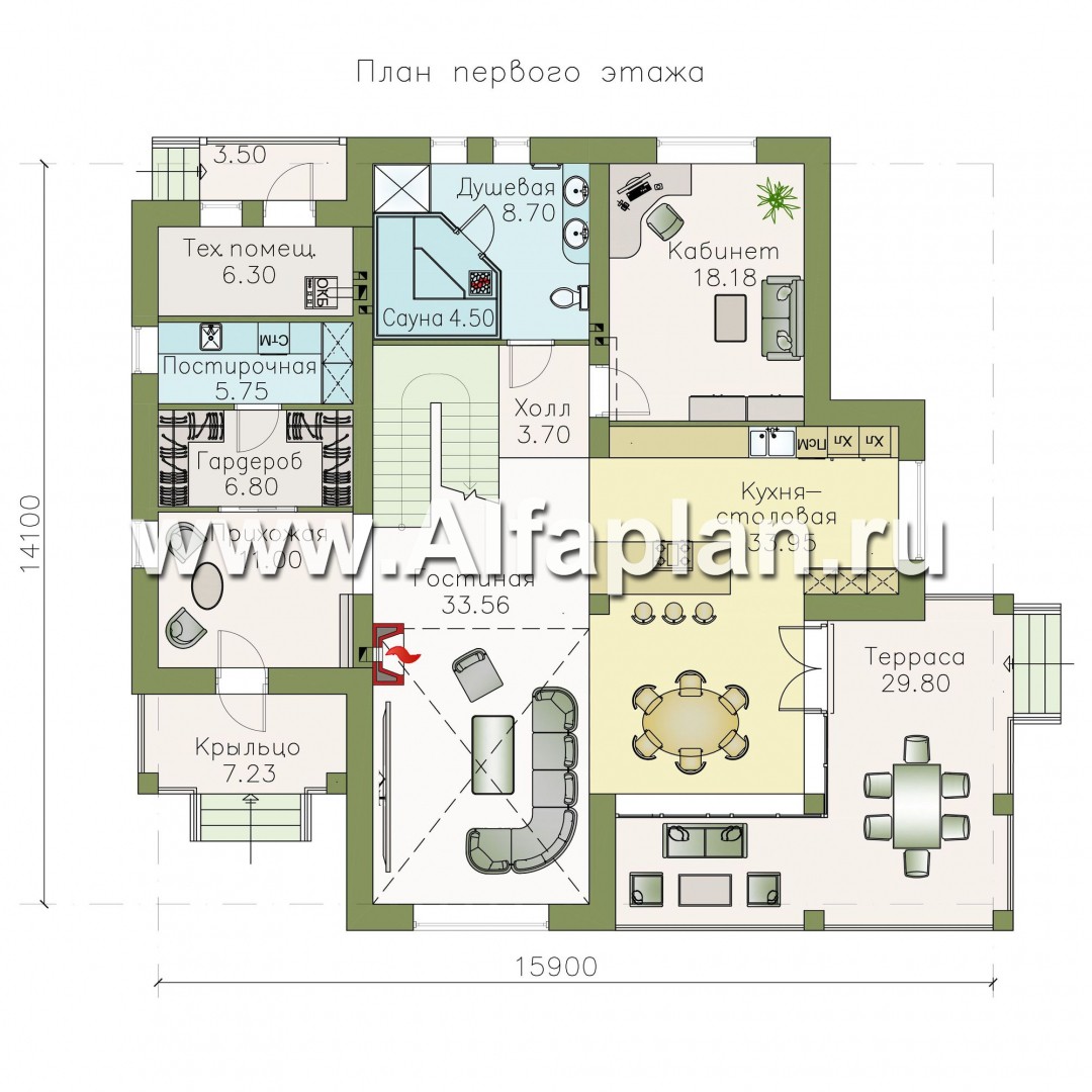 «Голицын» — проект двухэтажного дома из газобетона, с двусветной гостиной, с сауной и с террасой - план дома