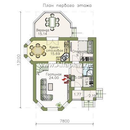 «Душечка» - проект дома с мансардой, планировка со вторым светом в гостиной, с террасой - превью план дома