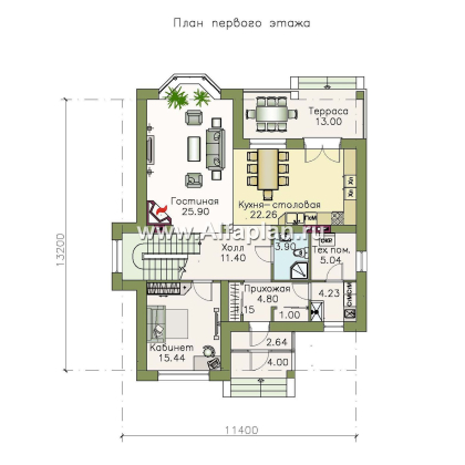 «Репутация» - проект двухэтажного дома из газобетона с фото, планировка с эркером и с террасой, английском стиле - превью план дома