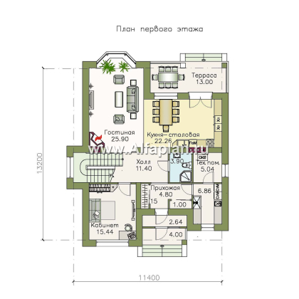 «Репутация» - проект двухэтажного дома из газобетона, планировка с эркером и с террасой, английском стиле - превью план дома