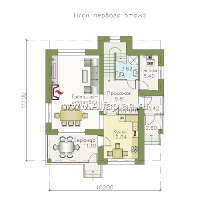 «Знаменка» — проект двухэтажного дома из газобетона, планировка с террасой и с балконом со стороны входа - превью план дома
