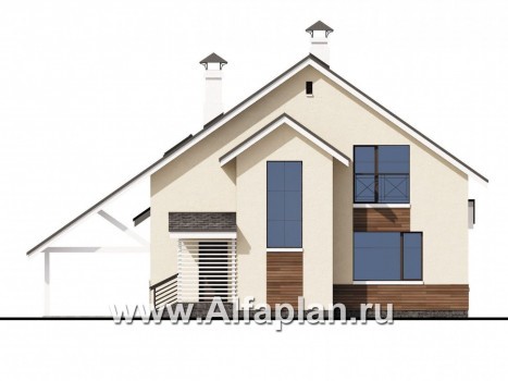 «Реалист» - проект дома с мансардой, с верандой и навесом для авто - превью фасада дома