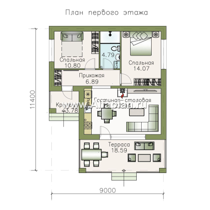 «Виньон» - проект одноэтажного дома, планировка с большой террасой, 2 спальни - превью план дома