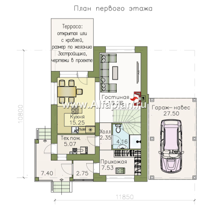 «Каюткомпания» - проект двухэтажного дома для небольшой семьи, 3 спальни, с навесом для авто - превью план дома