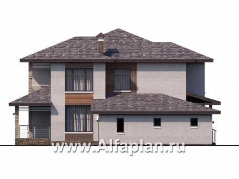 «Эридан» - красивый проект двухэтажного дома из кирпича, с террасой и сгаражом, в современном стиле - превью фасада дома