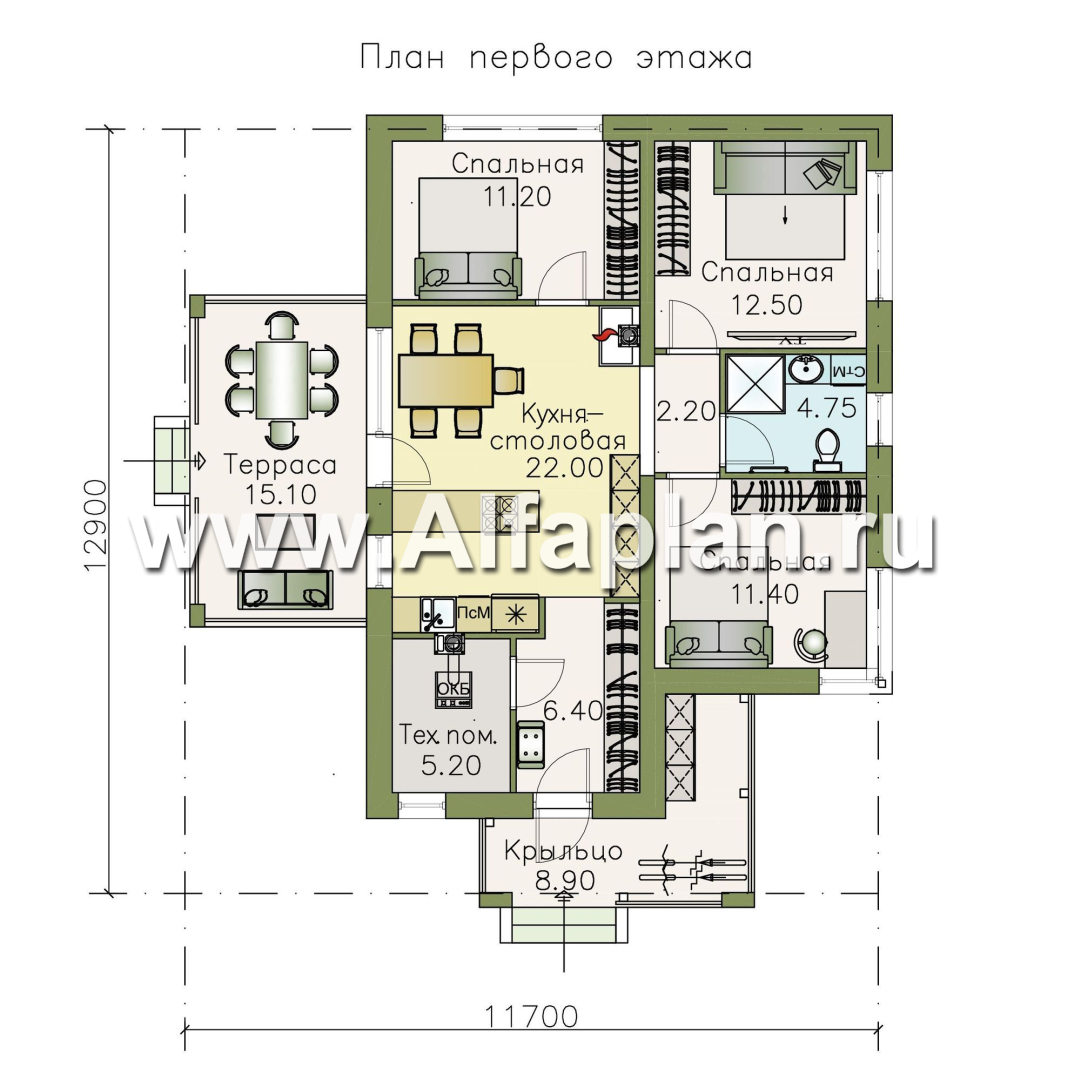 «Аэда» - проект одноэтажного дома, 3 спальни, с остекленной верандой, в современном стиле - план дома