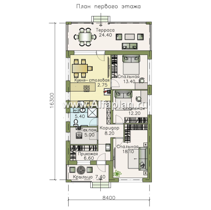 «Каллиопа» - проект одноэтажного дома для узкого участка, 3 спальни, с террасой, в современном стиле - превью план дома