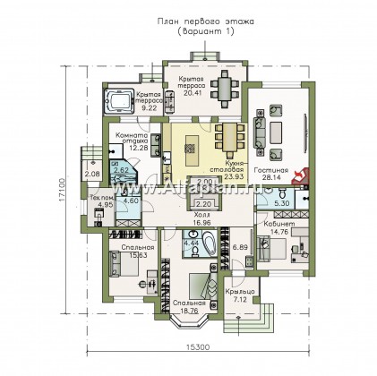 «Калипсо» - проект одноэтажного дома, с сауной и с эркером, с террасой (варианты планировки) - превью план дома