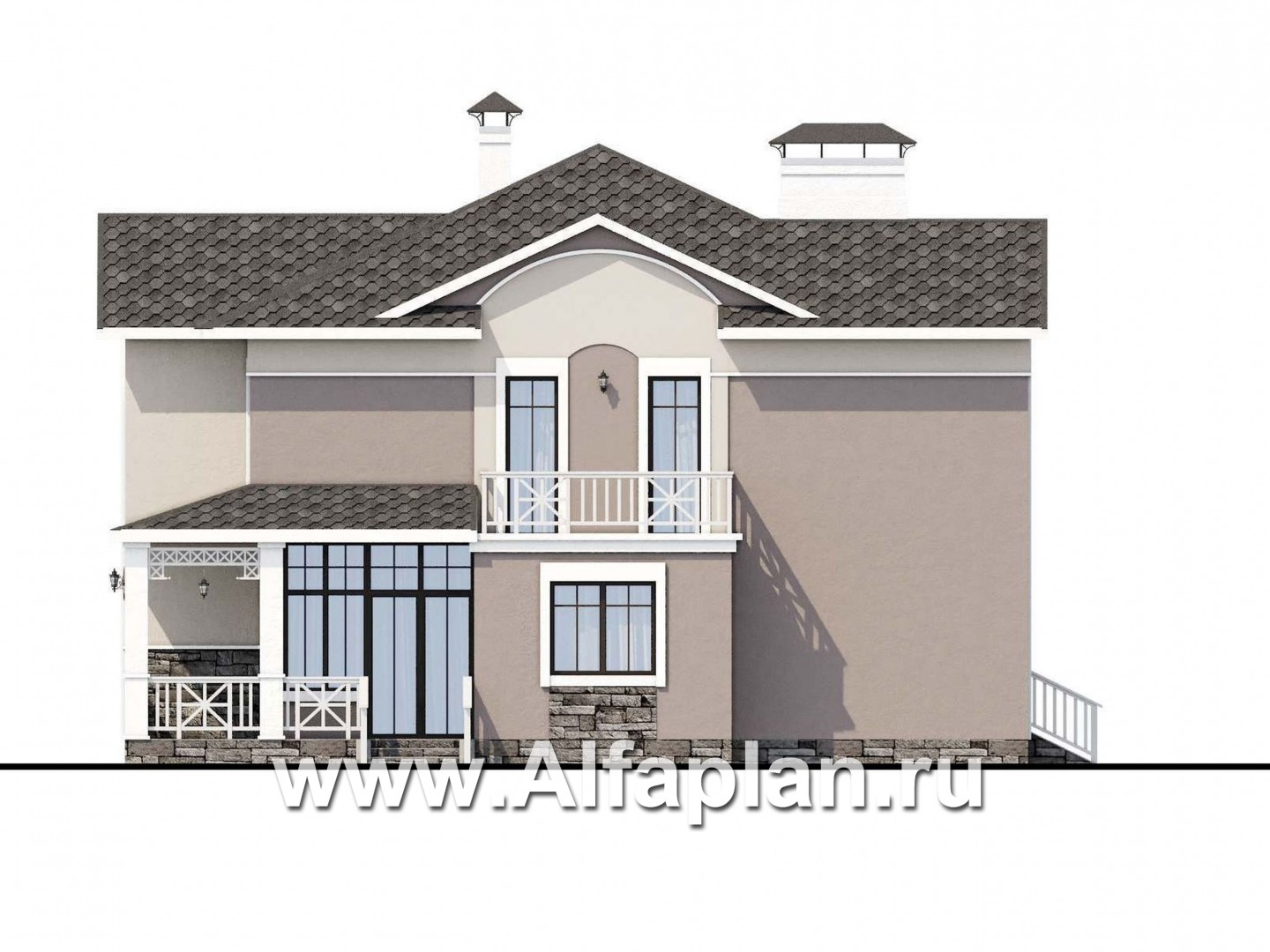 «Голицын» - проект двухэтажного дома, планировка с двусветной гостиной, угловая терраса с панорамным остеклением - фасад дома