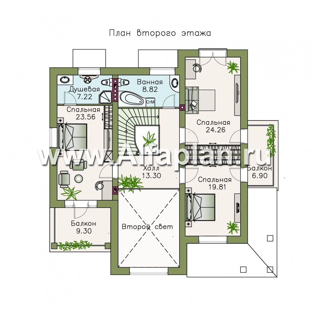 «Голицын» - проект двухэтажного дома, планировка с двусветной гостиной, угловая терраса с панорамным остеклением - план дома