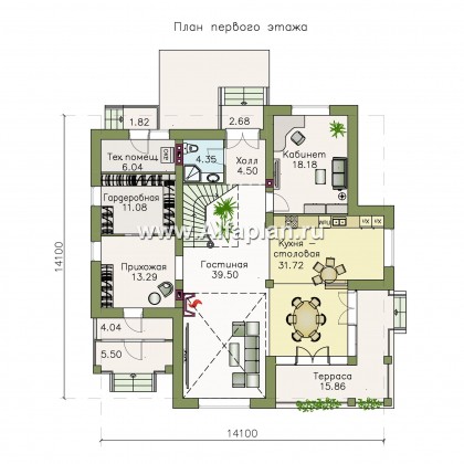 «Голицын» - проект двухэтажного дома, планировка с двусветной гостиной, угловая терраса с панорамным остеклением - превью план дома