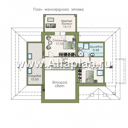 «Волга» - проект дома с мансардой, с террасой, планировка 3 жилых комнаты на 1 эт и второй свет в гостиной, с цокольным этажом - превью план дома