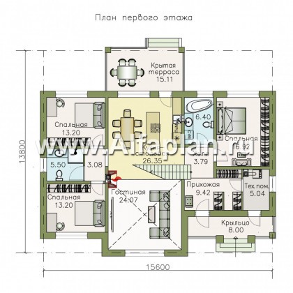 «Волга» - проект дома с мансардой, из газобетона, с террасой, планировка с тремя жилыми комнатами на 1 этаже и вторым светом - превью план дома