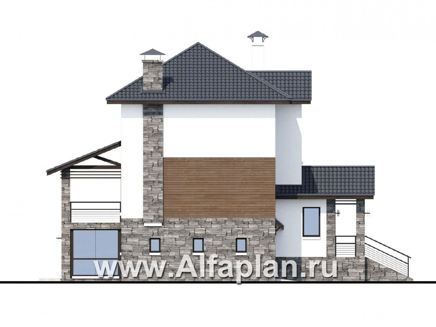 «Берег» - проект трехэтажного дома, с гаражом и сауной в цоколе на уровне земли, в современном стиле - фасад дома