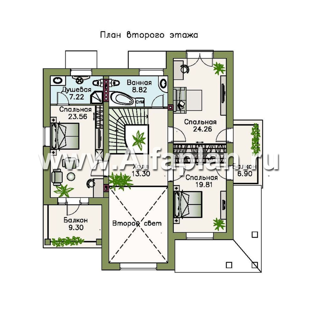 «Голицын»- проект двухэтажного дома, с двусветной гостиной и с террасой, в стиле модерн - план дома