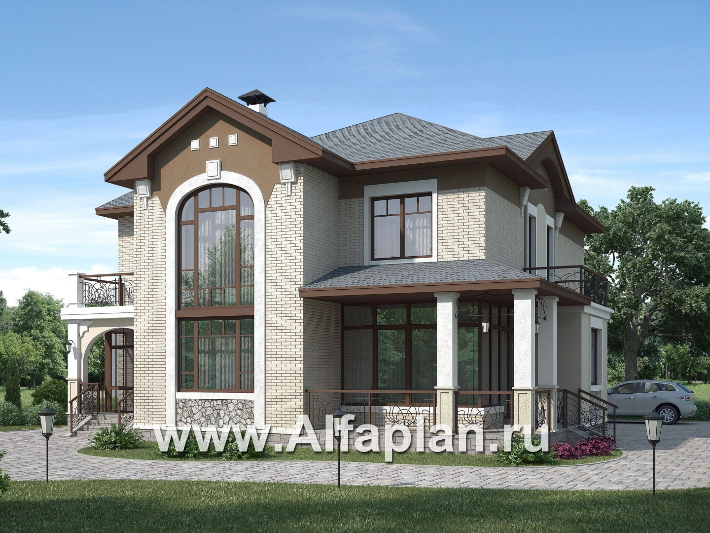 «Голицын»- проект двухэтажного дома, с двусветной гостиной и с террасой, в стиле модерн - дизайн дома №1