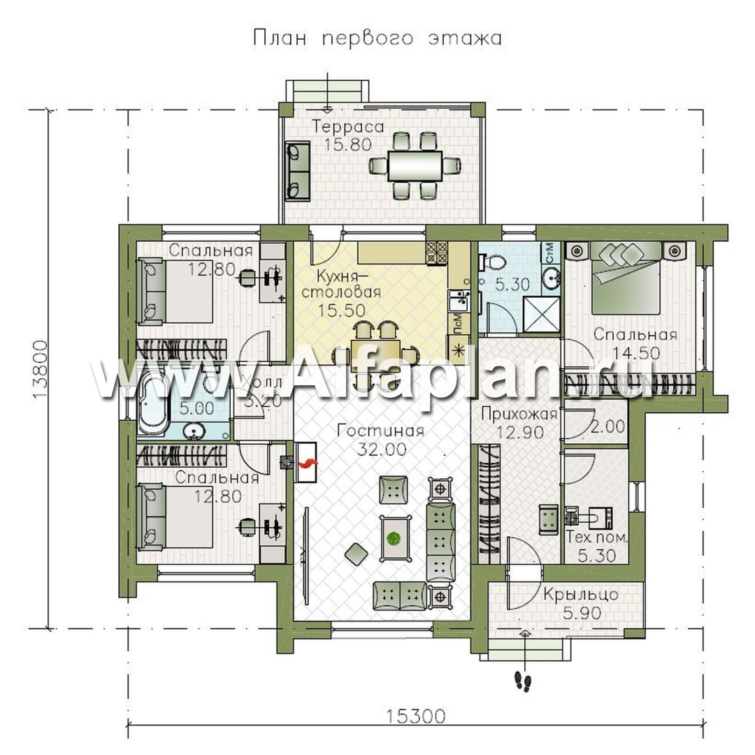 «Магнолия» — красивый проект одноэтажного дома, планировка 3 спальни, современный стиль с плоской крышей - план дома