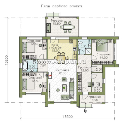 «Магнолия» — красивый проект одноэтажного дома, планировка 3 спальни, современный стиль с плоской крышей - превью план дома