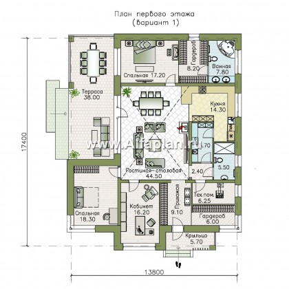«Ангара» -  проект одноэтажного дома, с террасой и сауной, мастер спальня - превью план дома