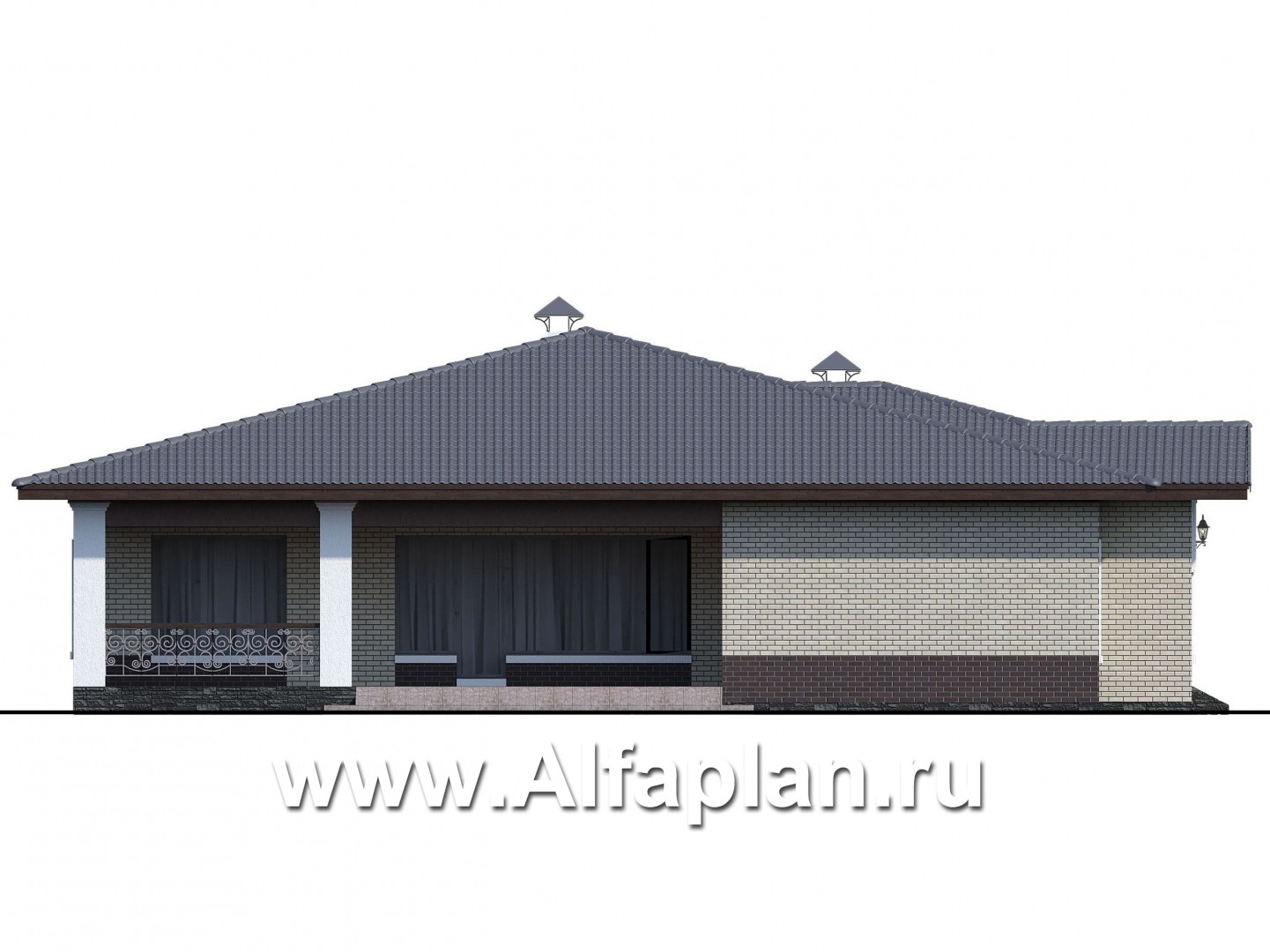 «Ангара» -  проект одноэтажного дома, с террасой и сауной, мастер спальня, арочное окно - фасад дома