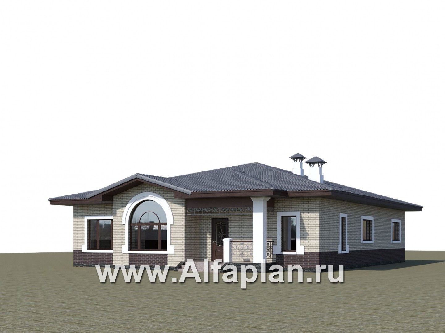 «Ангара» -  проект одноэтажного дома, с террасой и сауной, мастер спальня, арочное окно - дизайн дома №1