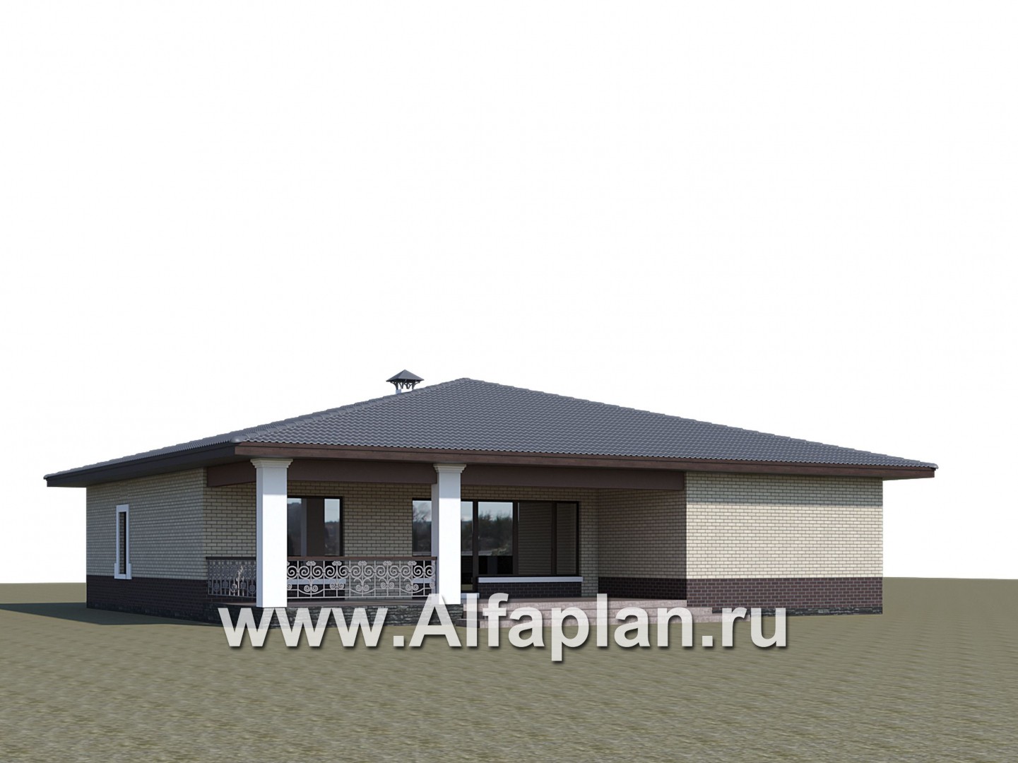 «Ангара» -  проект одноэтажного дома, с террасой и сауной, мастер спальня, арочное окно - дизайн дома №2