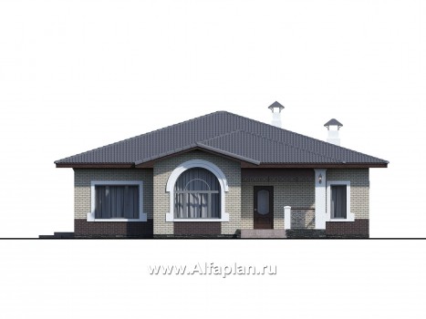 «Ангара» -  проект одноэтажного дома, с террасой и сауной, мастер спальня, арочное окно - превью фасада дома