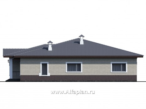 «Ангара» -  проект одноэтажного дома, с террасой и сауной, мастер спальня, арочное окно - превью фасада дома