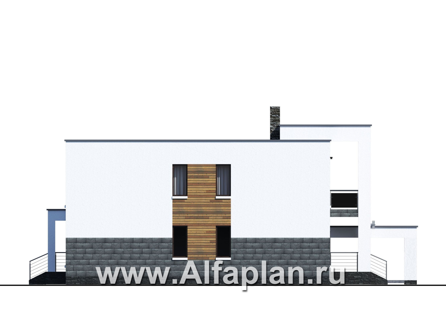 Проекты домов Альфаплан - «Футура» - современный двухэтажный дом с плоской кровлей и гаражом-навесом - изображение фасада №3